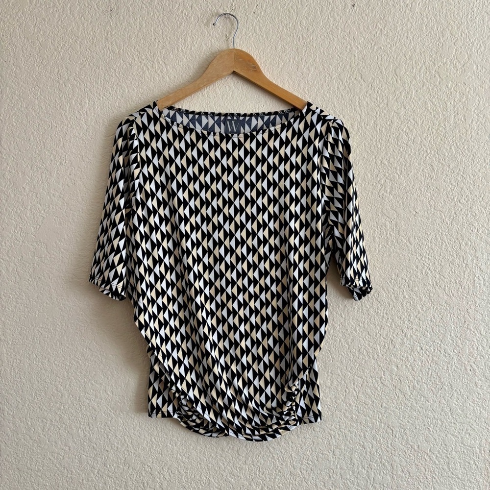 Worthington Blouse Large Geometric Diamond Print Ruched Side Faux Wrap Top